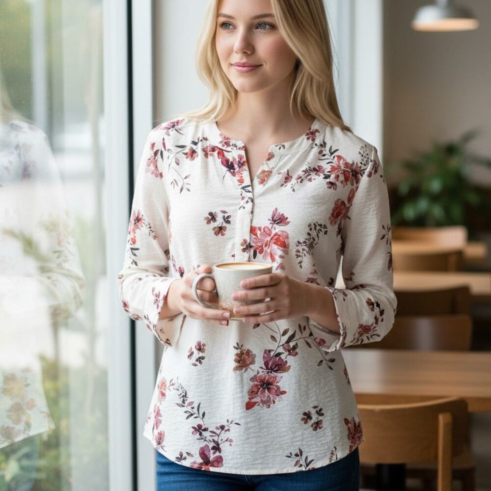 J. Jill Floral Top Womens Size 1X Ivory Red Bold Botanical Career Popover Blouse